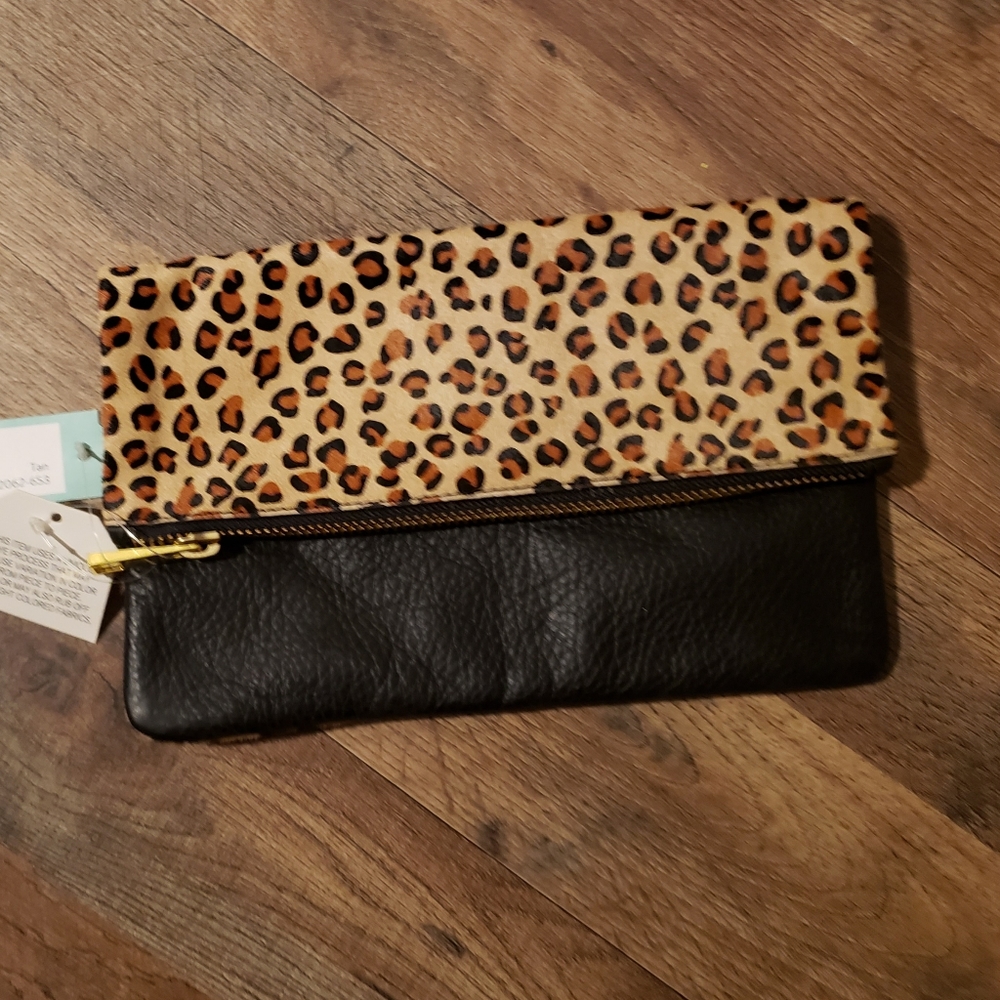 Leopard & Black Leather Fold Over Clutch NWT